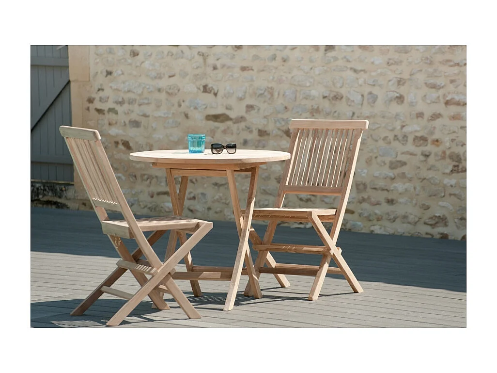 FUN - Table de jardin 2 personnes, ronde pliante 80 cm en bois teck