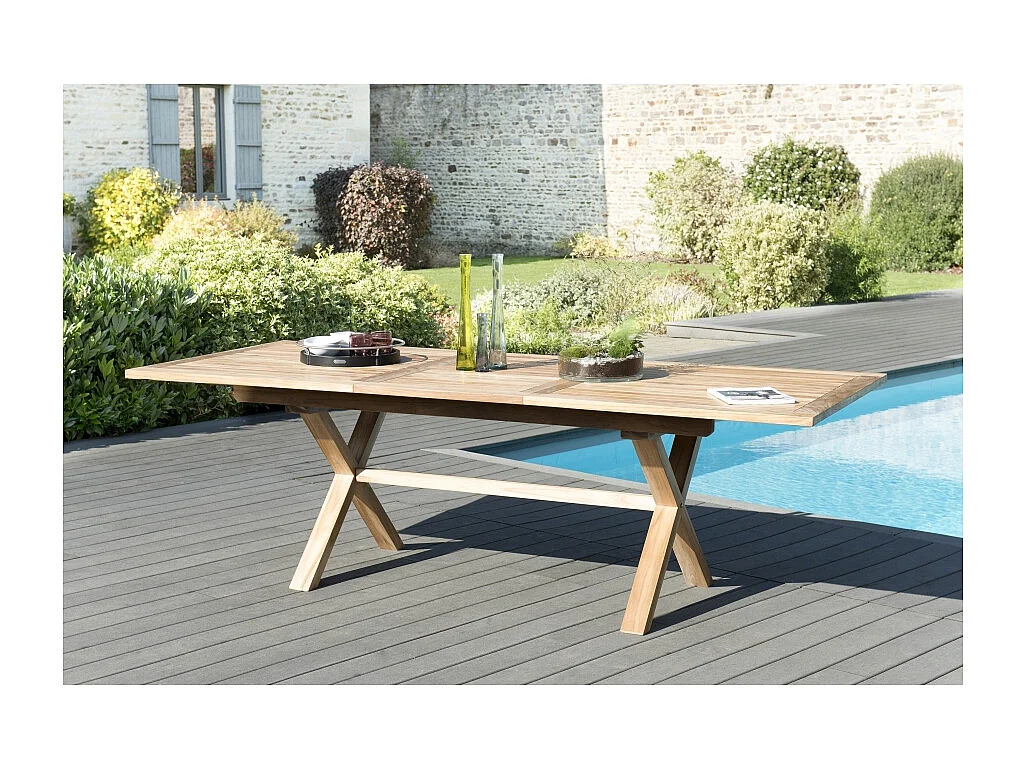FUN - Table de jardin 10 pers.- rect. pieds croisés 180/240 bois Teck