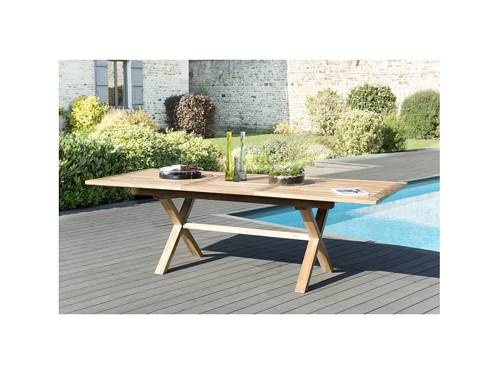 FUN - Table de jardin 10 pers.- rect. pieds croisés 180/240 bois Teck