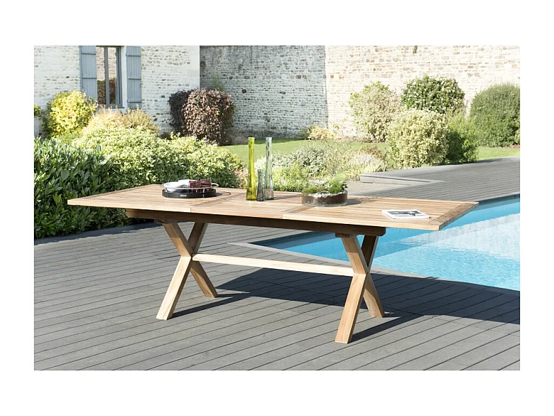 FUN - Table de jardin 10 pers.- rect. pieds croisés 180/240 bois Teck