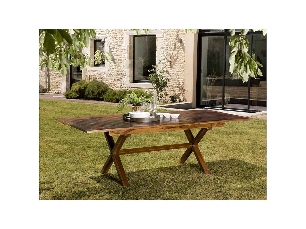 MAEVA - Table de jardin 8/10 personnes - rectangulaire pieds croisés extensible 180/240x100cm en bois teck huilé