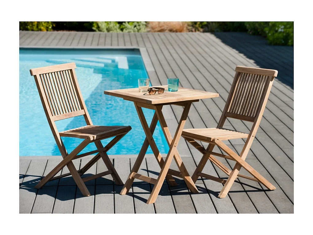 FUN - Table de jardin 2 personnes, carrée pliante 60x60cm en bois Teck