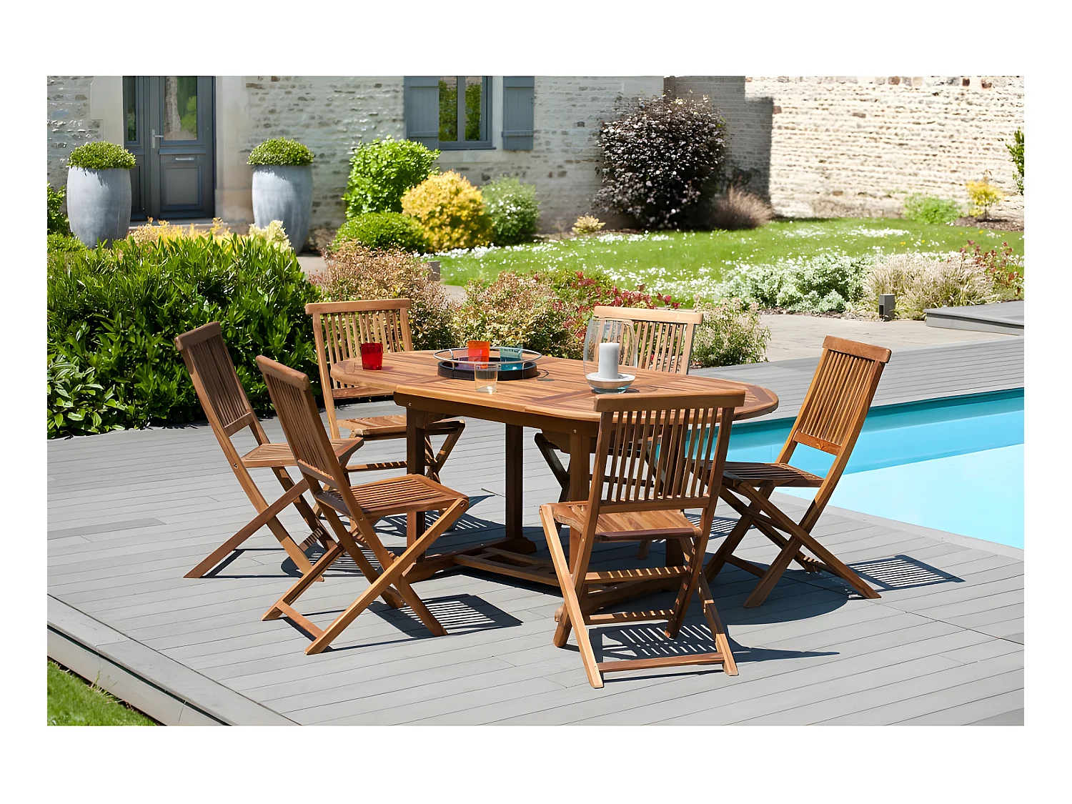 MAEVA - Table de jardin 4/6 personnes - ovale extensible 120/180 x 90 cm en bois Teck huilé