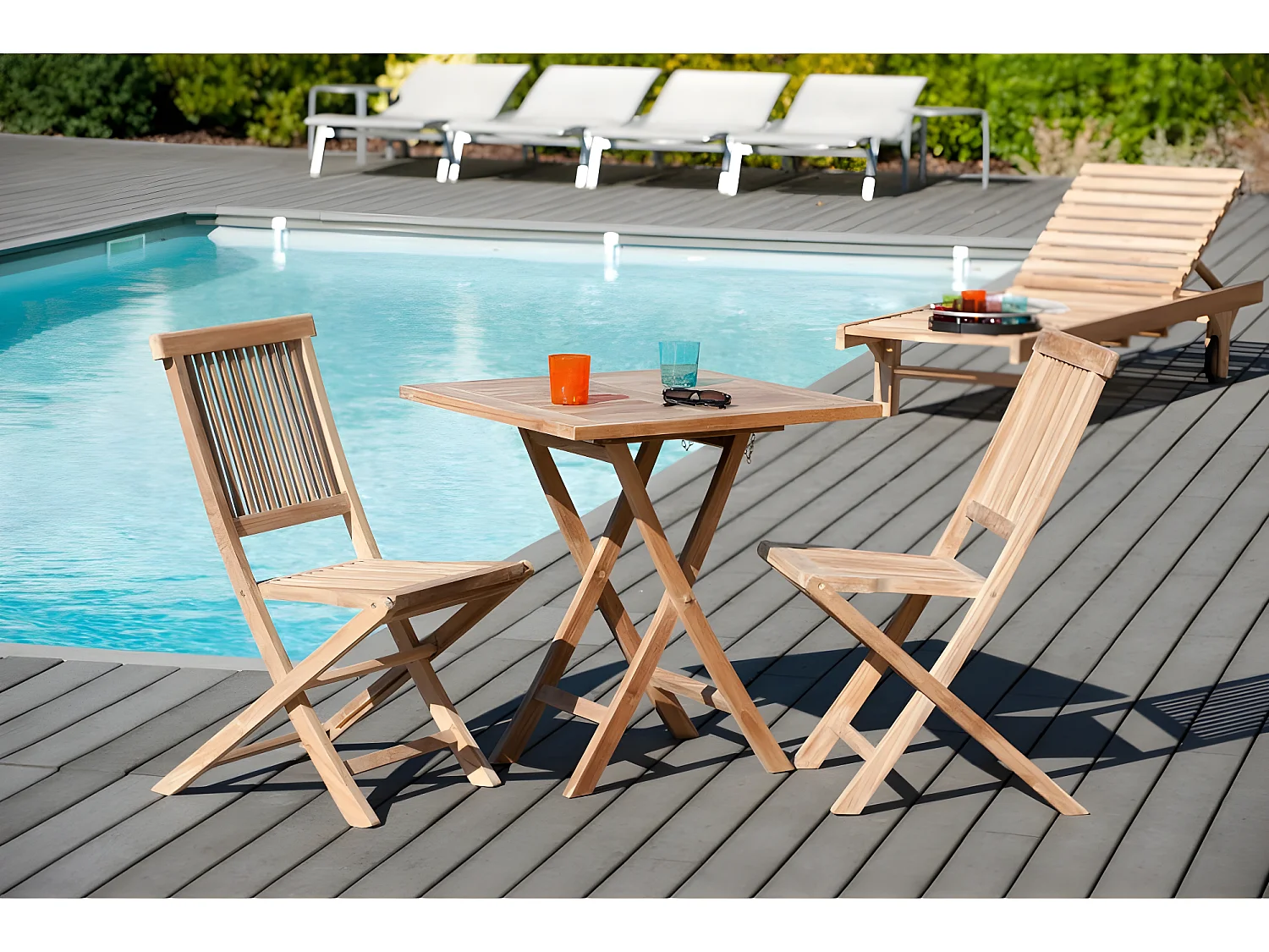 FUN - Table de jardin 2 personnes, carrée pliante 70x70cm en bois Teck