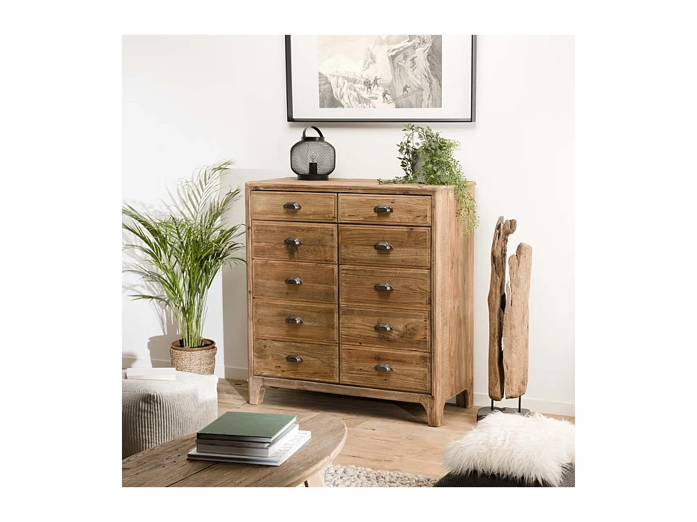SANDY - Meuble marron 2 tiroirs 2 portes avec décoration faux tiroirs bois Pin recyclé