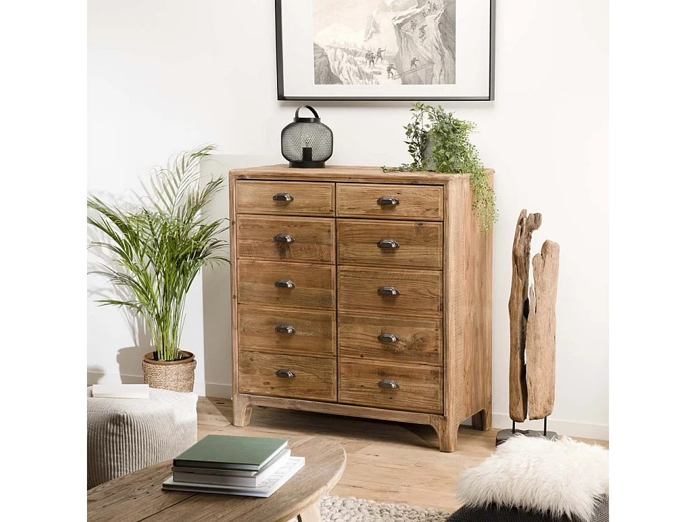 SANDY - Meuble bois Pin recyclé 2 tiroirs 2 portes marron