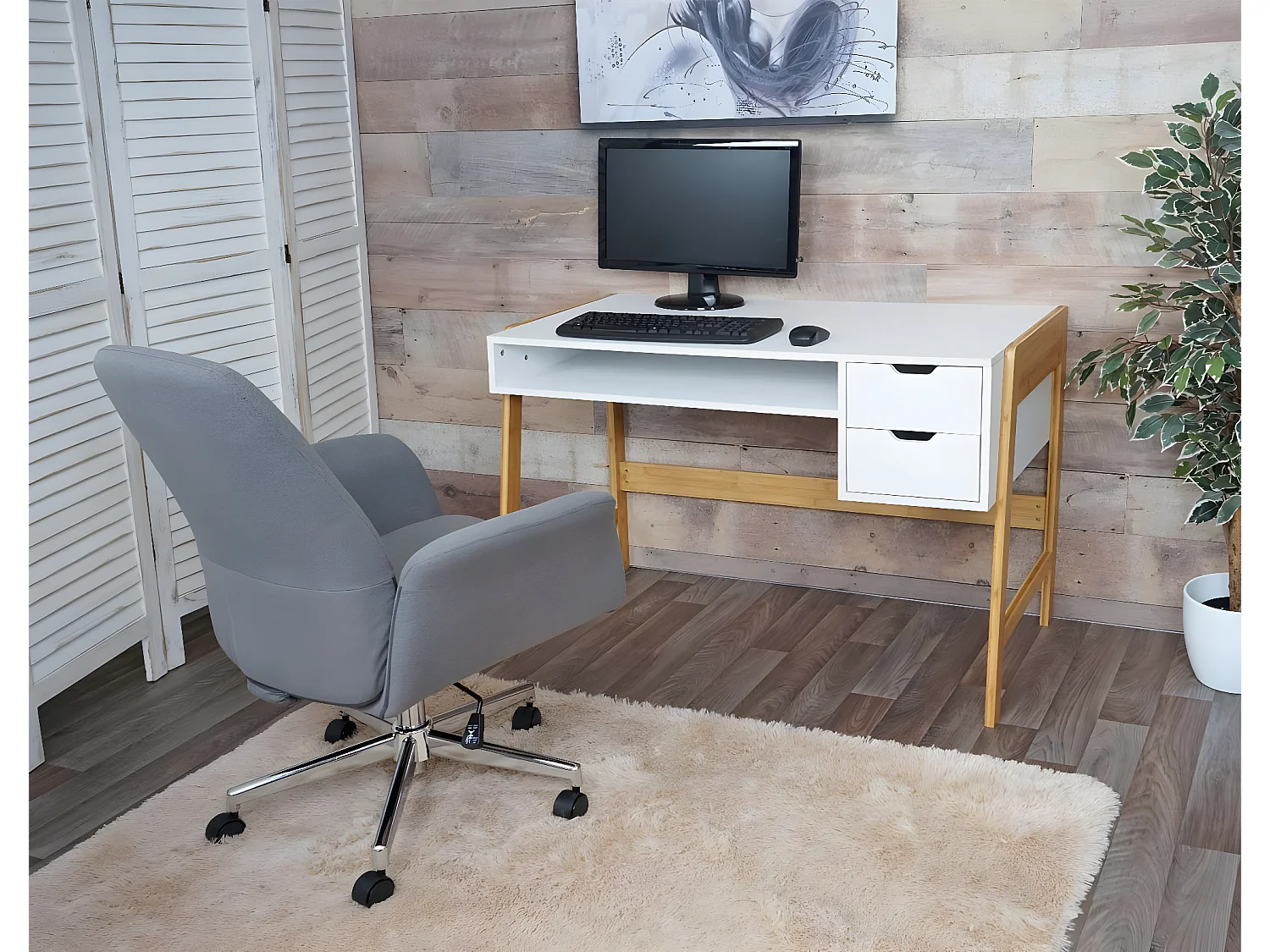 Scrivania toeletta consolle tavolino MCW-K12 legno bambù 76x155x58cm bianco