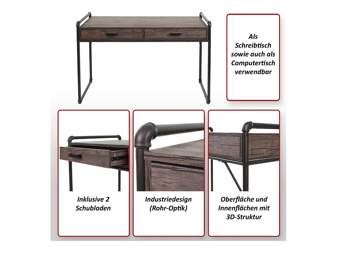 Scrivania ufficio computer MCW-F58 MDF con cassetti 60x120x75cm rovere marrone