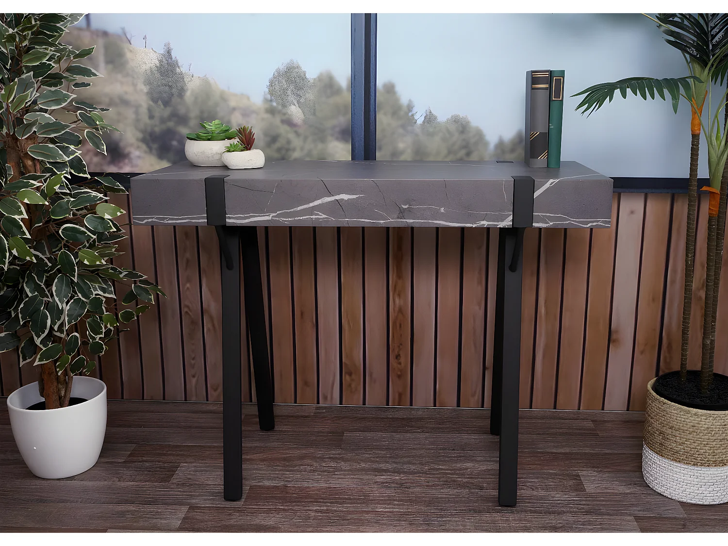 Table console MCW-L54,  aspect marbre gris