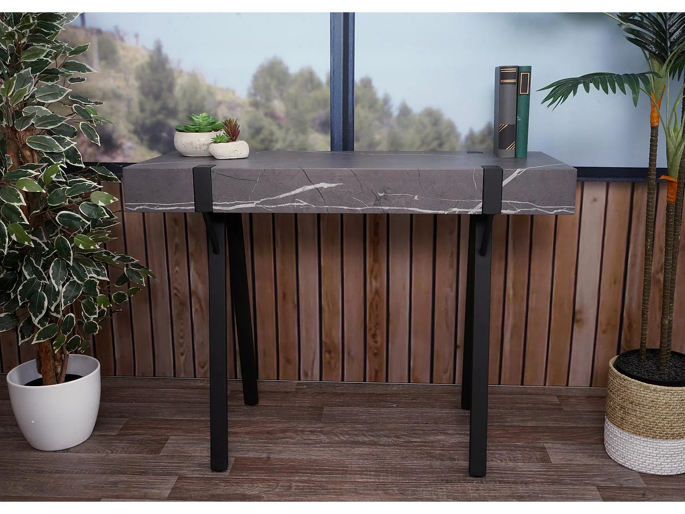 Scrivania consolle tavolo MCW-L54 75x100x40cm ferro verniciato MDF effetto marmo grigio