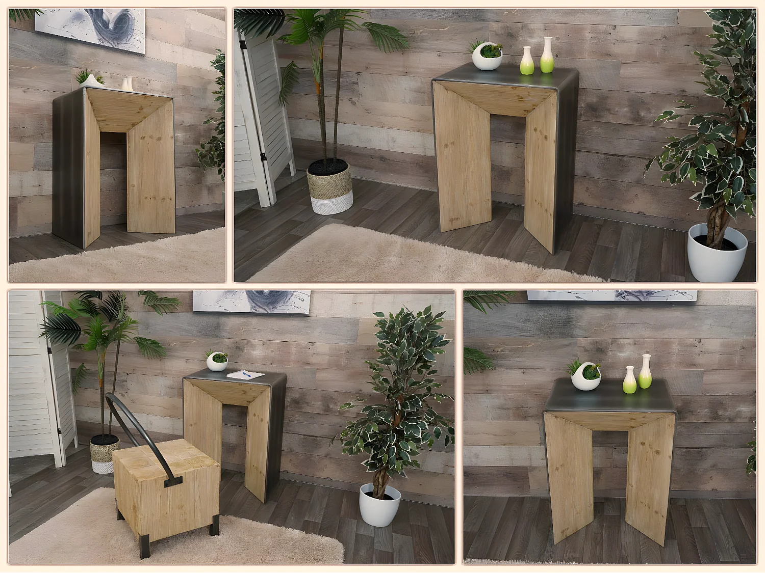 Consolle tavolino ingresso salotto soggiorno design industriale MCW-L76 80x60x40cm legno di abete naturale e nero