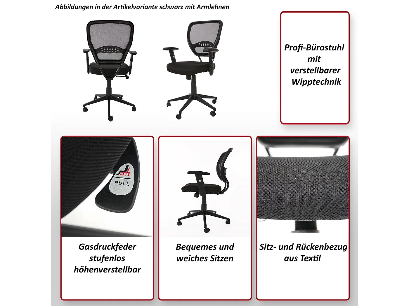 Professionele bureaustoel Chicago stof/textiel,  zwart zonder armleuningen