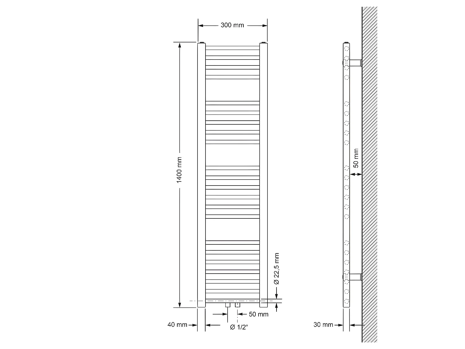 ECD Germany Radiador toallero de baño - 300 x 1400 mm - cromo - recto con conexión central - secador de toallas  Radiador moderno