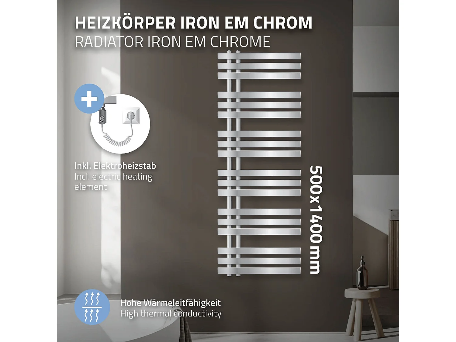 Radiador eléctrico Iron EM Design con resistencia 1200 W, 500 x 1400 mm, Cromado