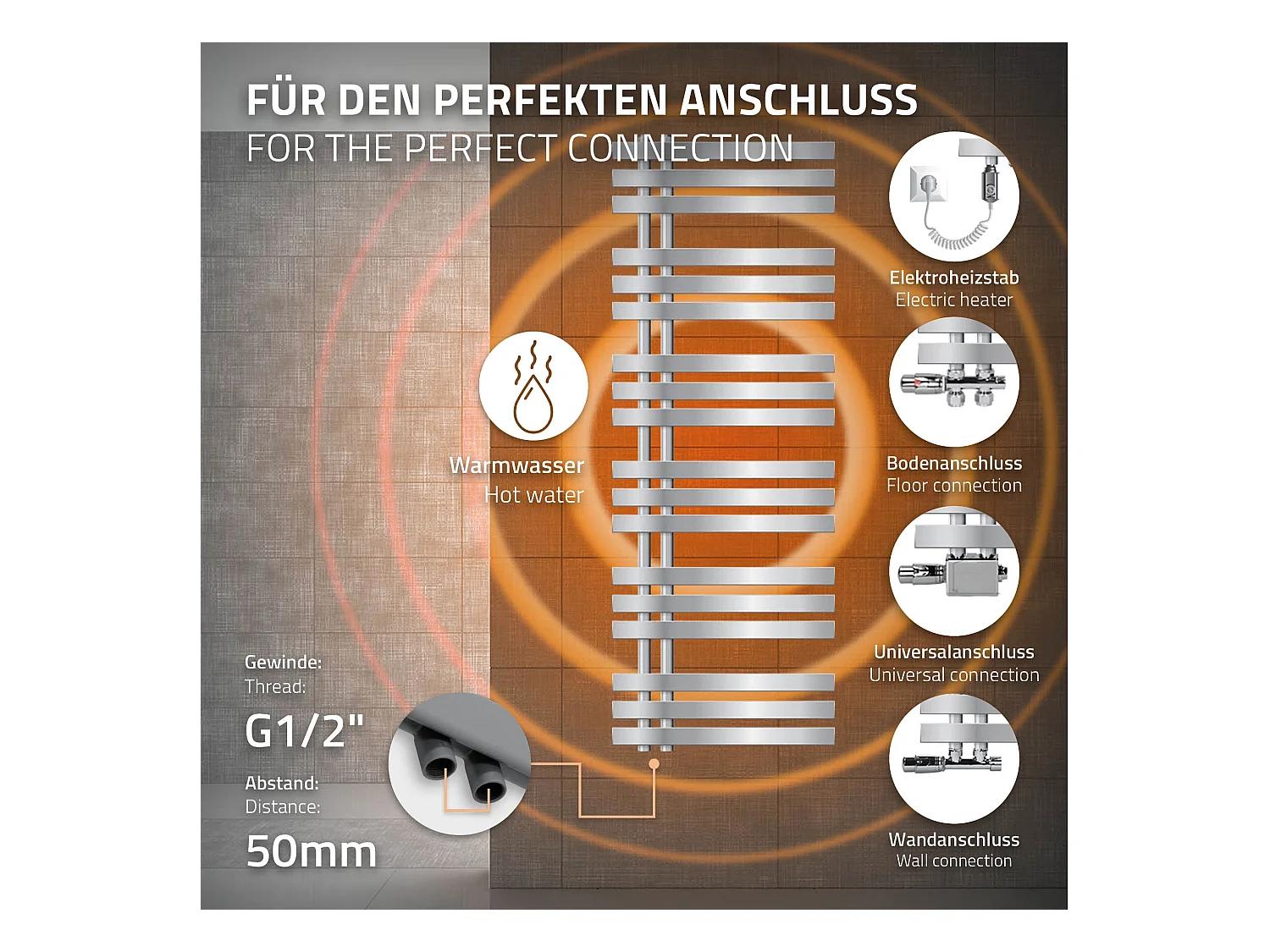 Radiateur De Salle De Bain Ecd Germany Iron Em Chrome 500 X 1200 Mm Sèche-serviettes Double Valve H Droite Pour Radiateur De Salle De Bain