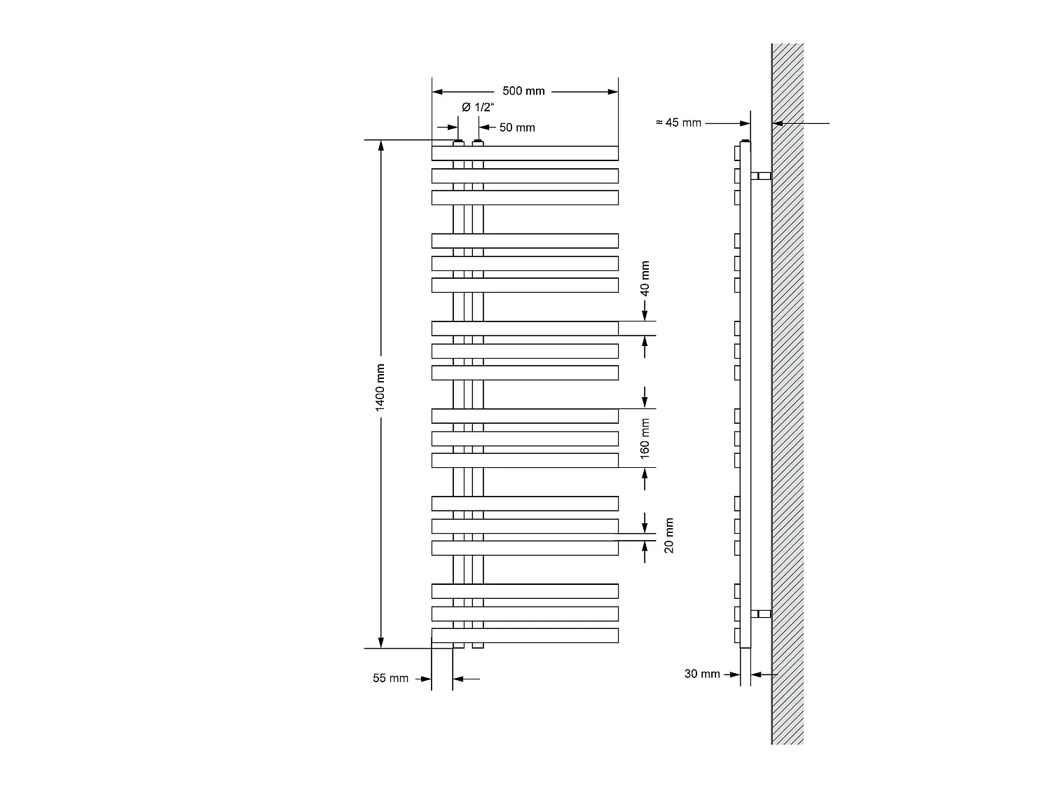 Radiateur De Salle De Bain Ecd Germany Iron Em Chrome 500 X 1200 Mm Sèche-serviettes Double Valve H Droite Pour Radiateur De Salle De Bain