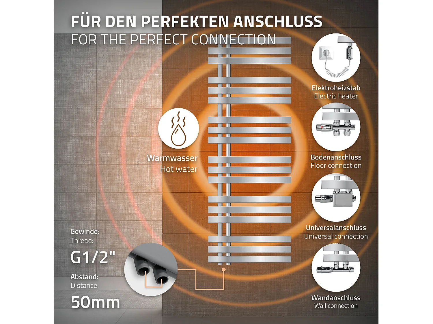 Radiateur De Salle De Bain Ecd Germany Iron Em Chrome 500 X 1200 Mm Sèche-serviettes Double Valve H Droite Pour Radiateur De Salle De Bain