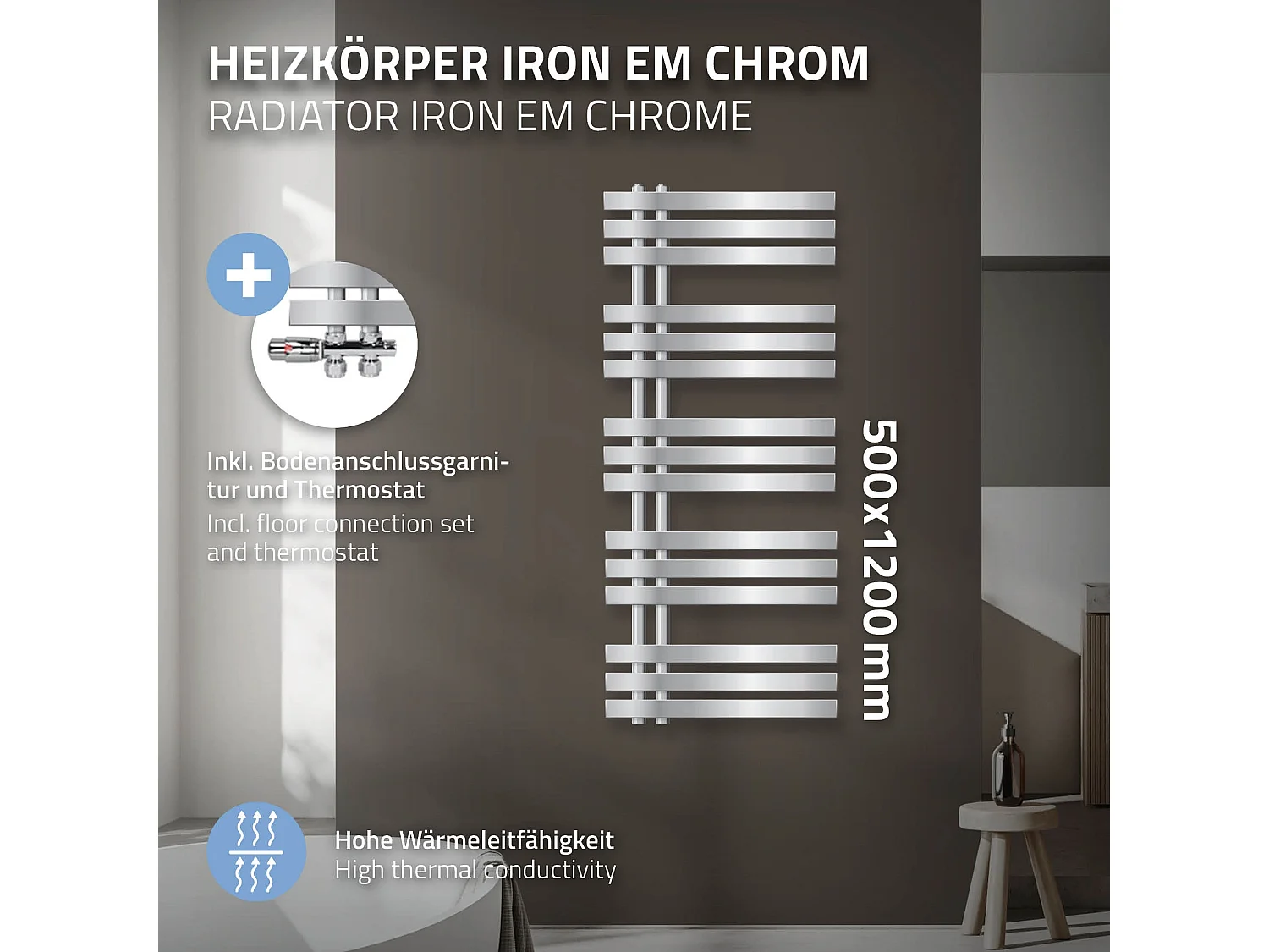 Radiador De Baño, Ecd Alemania, Modelo Iron Em, Cromo, 500 X 1200 Mm, Secador De Toallas, Termostático