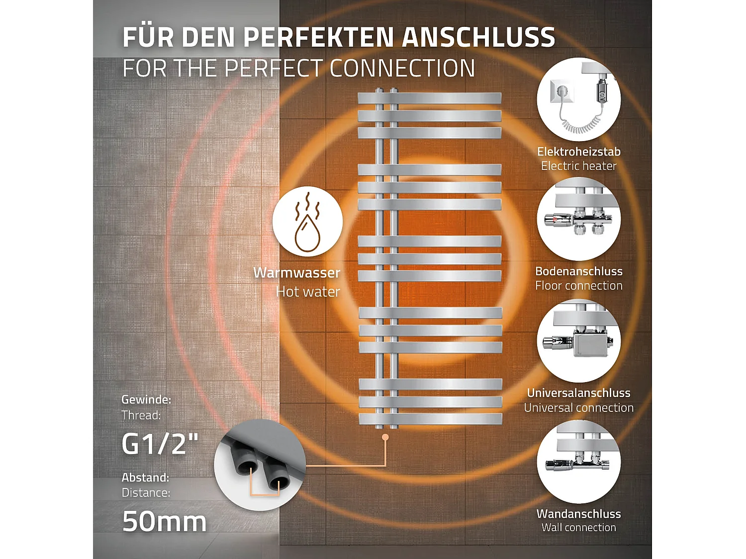 Radiateur De Salle De Bain, Ecd Germany, Modèle Iron Em, Chrome, 500 X 1200 Mm, Sèche-serviettes, Thermostatique