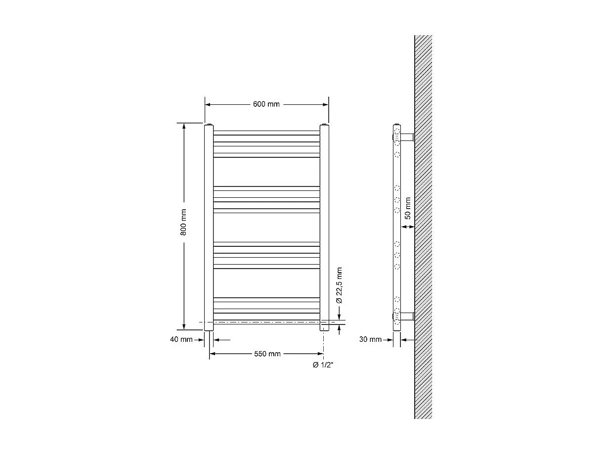 Radiatore con elemento riscaldante elettrico 600W, 600 x 800 mm, bianco, attacco laterale