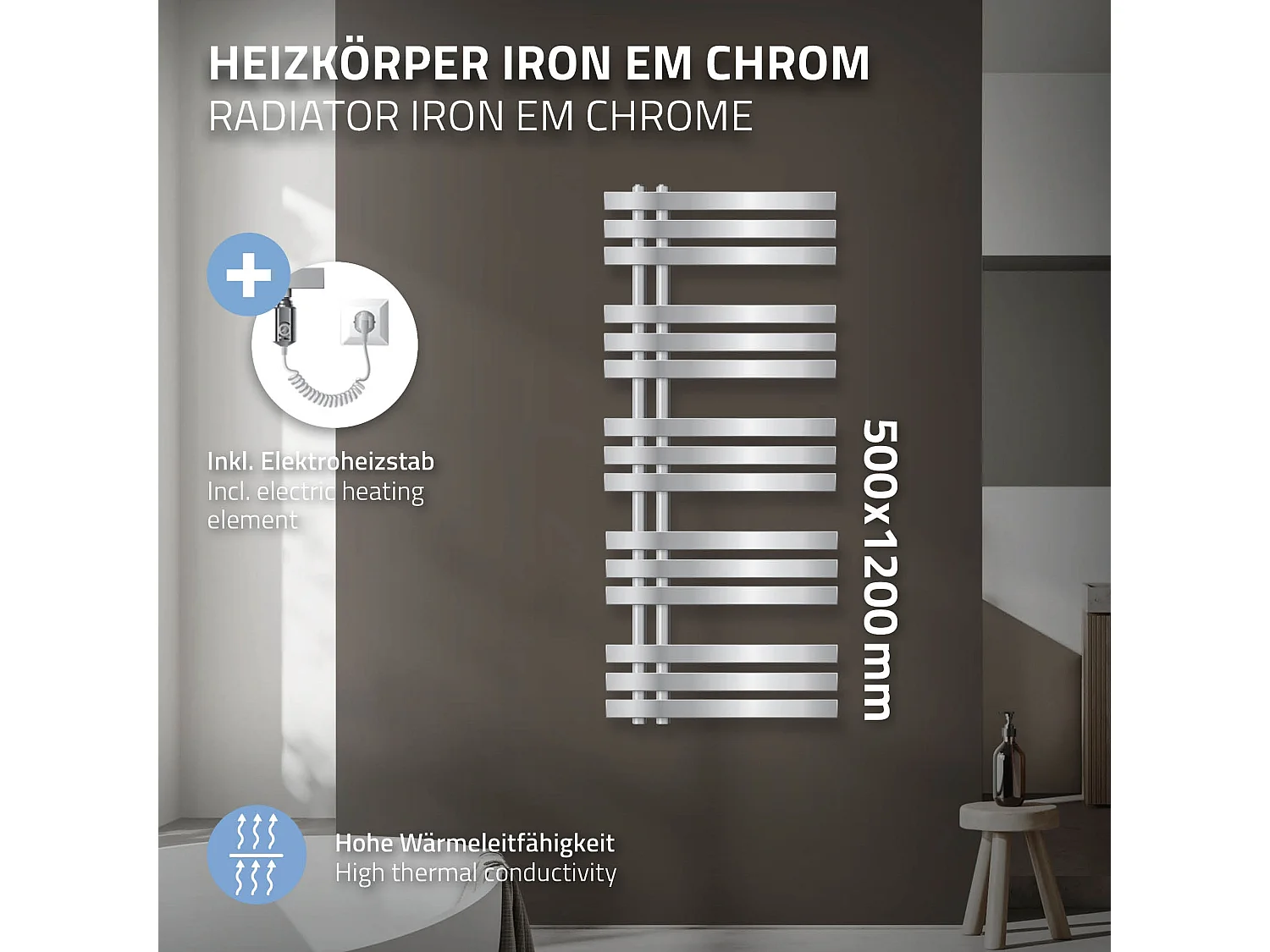 ECD Germany Radiador de Diseño Radiador Toallero Radiador de Calefacción 500 x 1200 Cromo con Calefactor de 1200W