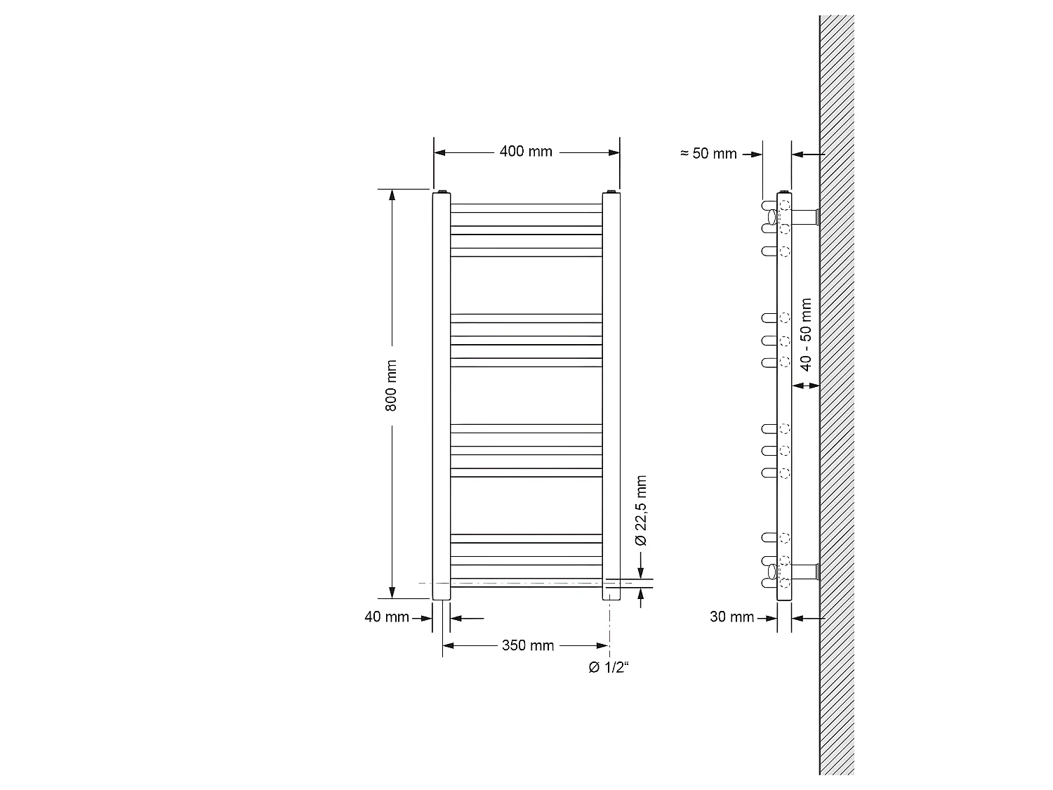 ECD Germany Radiador eléctrico de toallas - 400 x 800 mm - Cromo - curvado - con conexión lateral - Calentador de toallas Secador de toallas 600W
