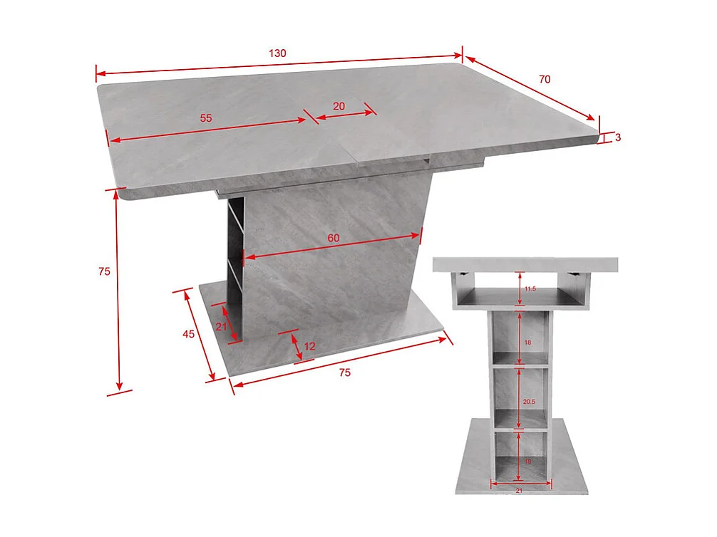 Table à manger moderne extensible avec rangement en dessous - Gris