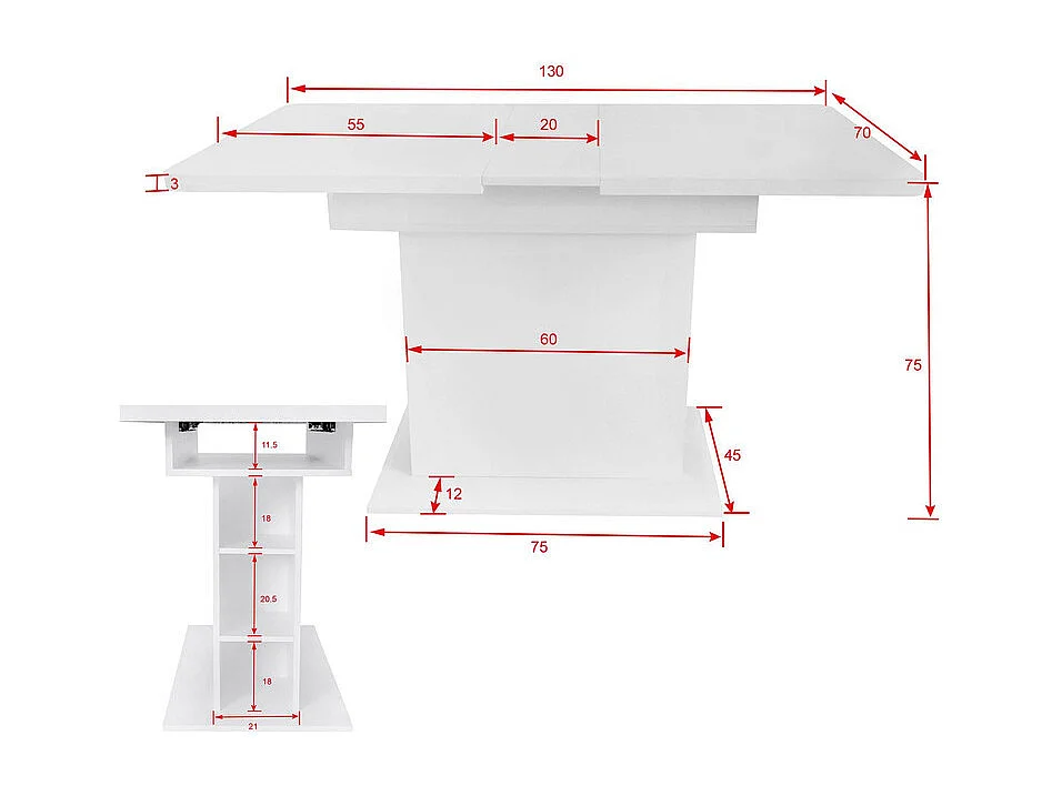 Table à manger moderne extensible avec rangement en dessous - Blanc