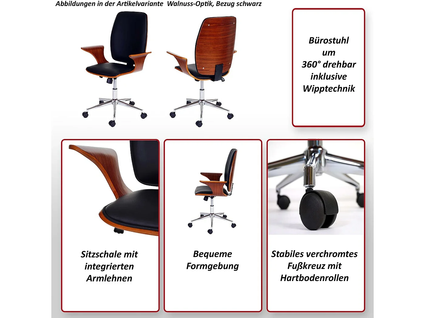 Bürostuhl MCW-C54, Walnuss-Optik, Bezug schwarz