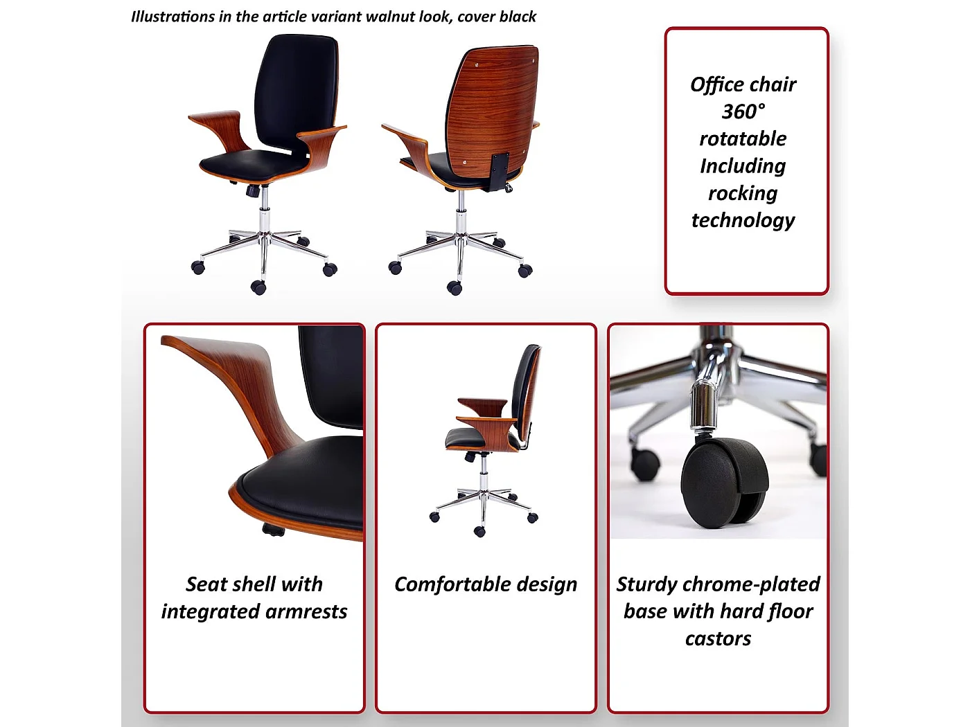 Bureaustoel MCW-C54,  walnoot look, zwarte bekleding