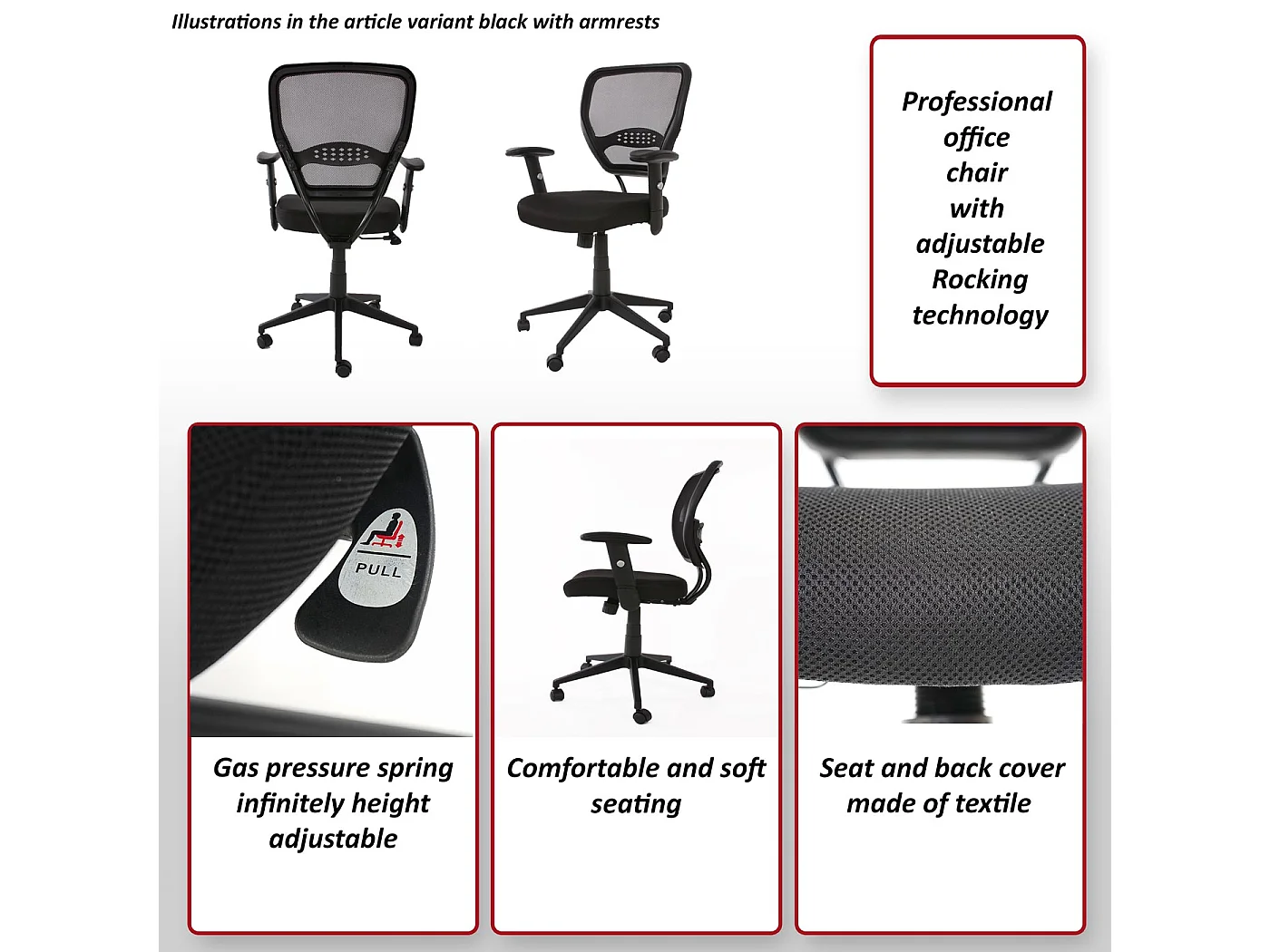 Chaise de bureau professionnelle Chicago tissu/textile,  noir avec accoudoirs