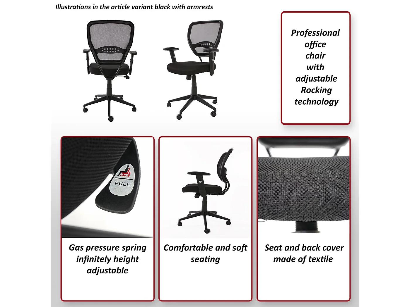 Silla de oficina profesional Chicago tela/textil,  negra con reposabrazos