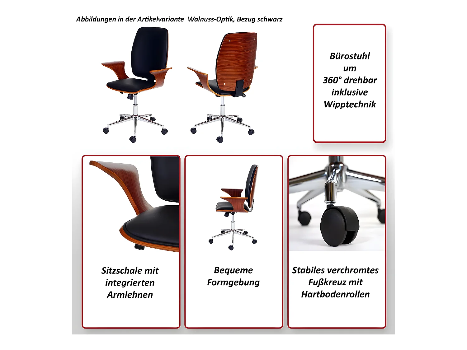 Chaise de bureau MCW-C54,  design bois de noyer, tissu noir