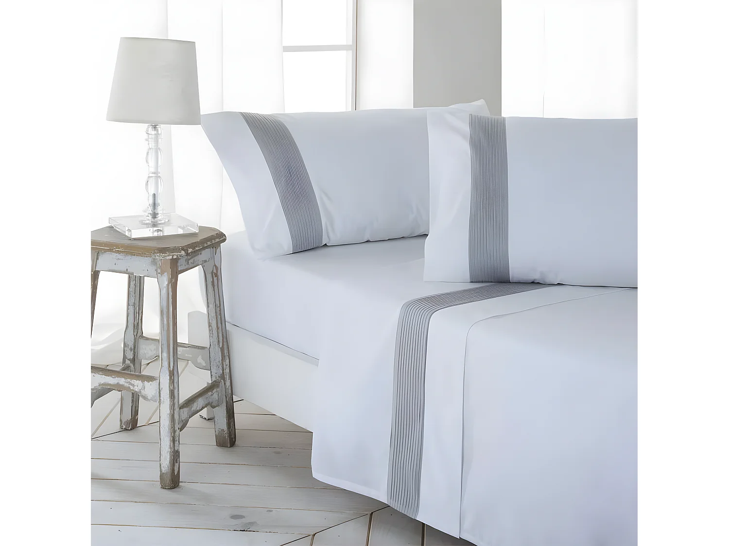 Juego de sabanas GORBEA GRIS percal algodón  Blanco 240x260 Cama de 150