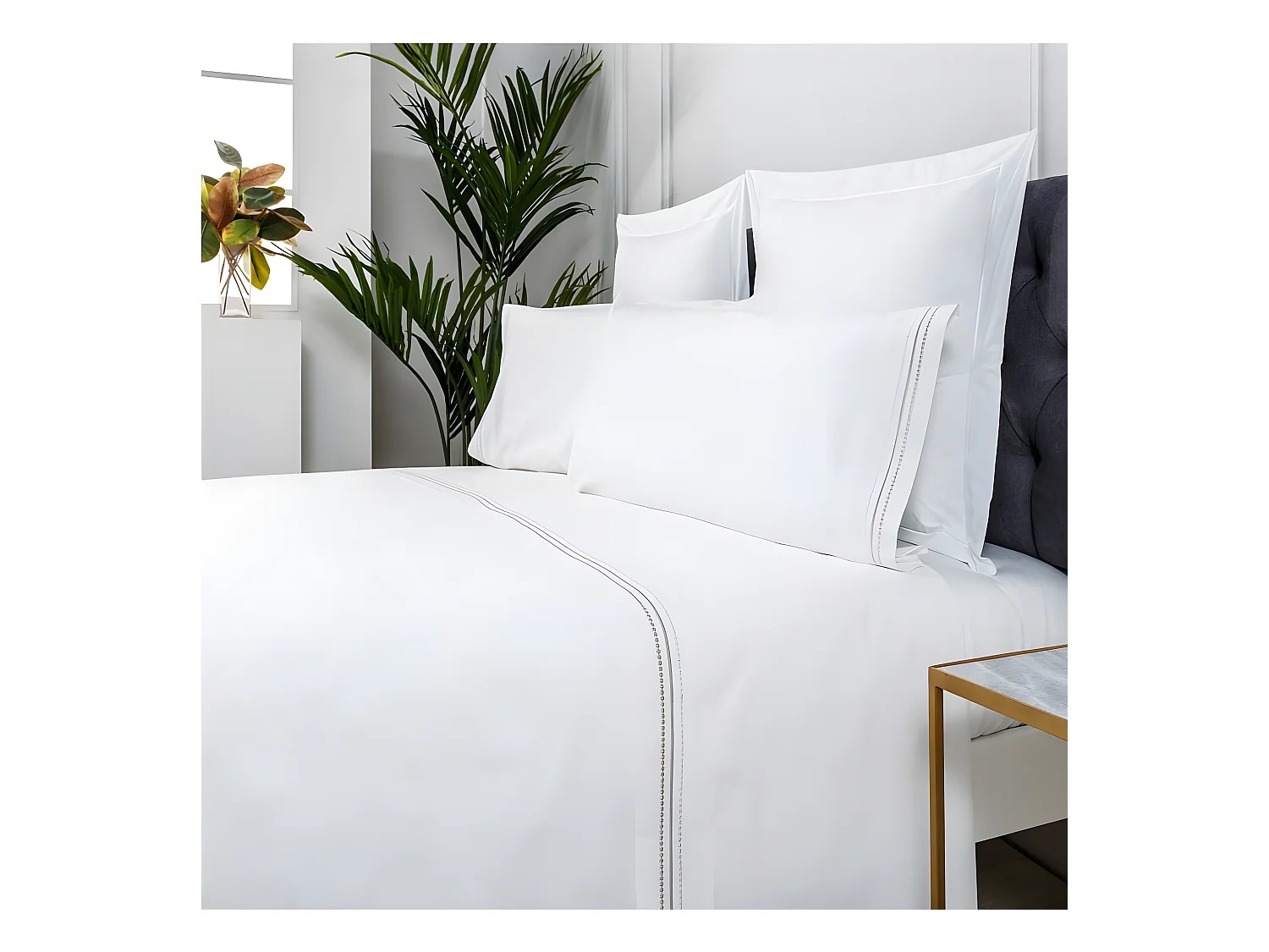 Juego de sábanas bordadas ORO algodón 200 hilos blanco Cama 160