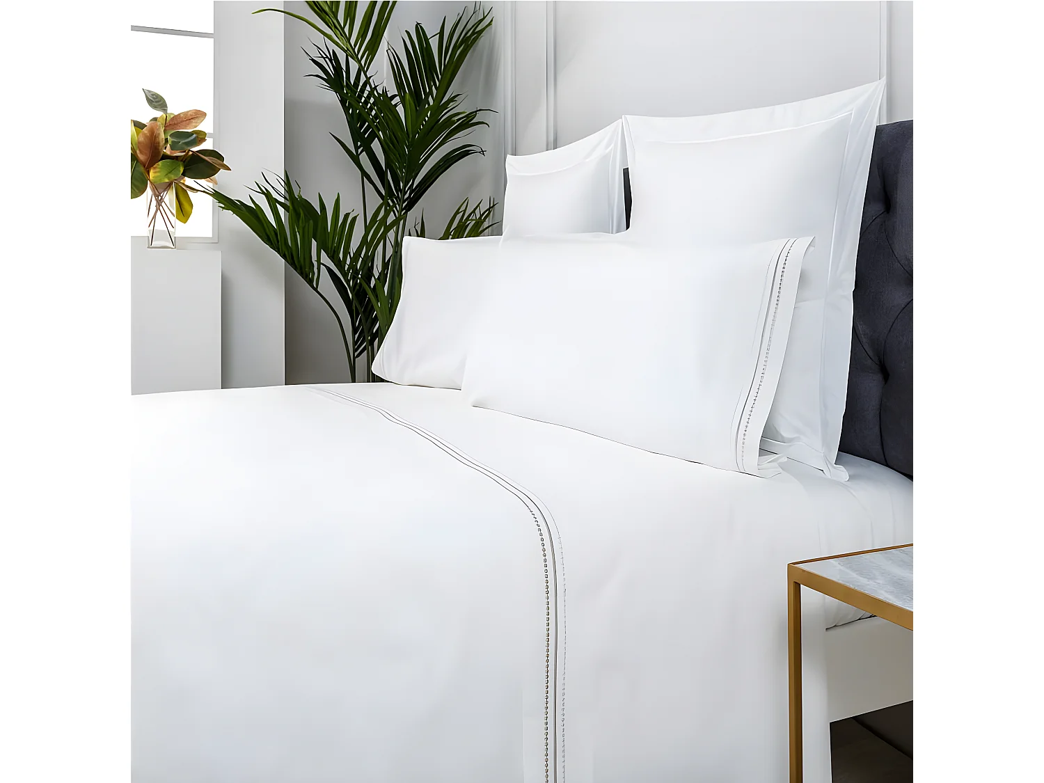 Juego de sábanas bordadas ORO algodón 200 hilos blanco Cama 160