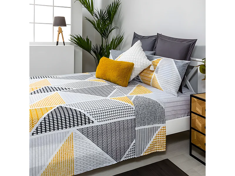 Juego de sábanas GEKA algodón poliéster gris y mostaza  Cama 90