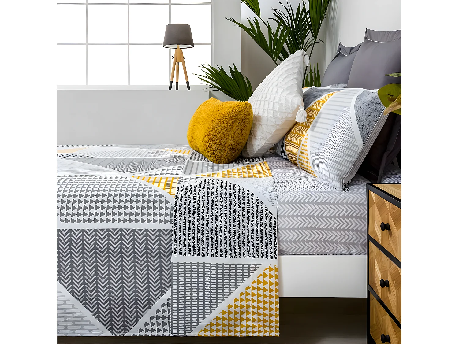 Juego de sábanas GEKA algodón poliéster gris y mostaza  Cama 90