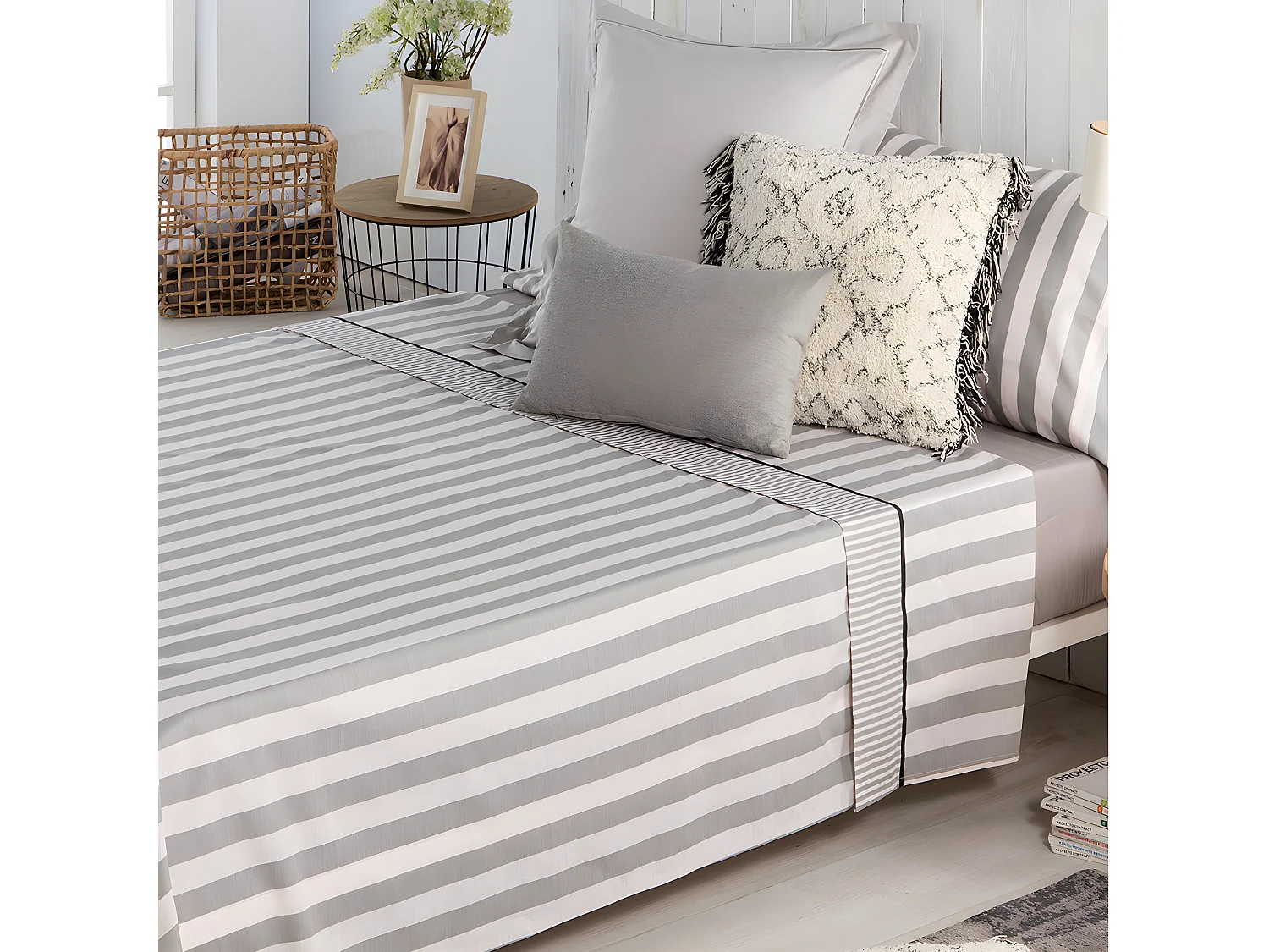 Juego de sábanas LINES percal algodón 180 hilos gris Cama 150