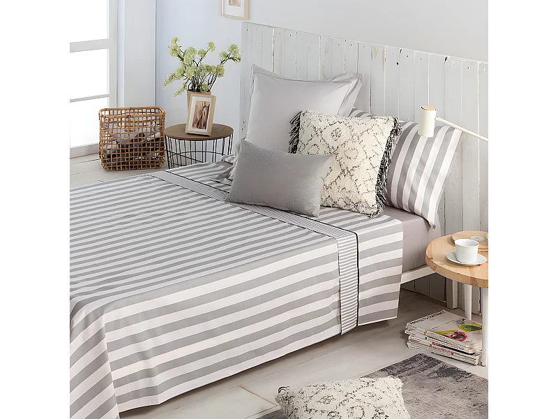 Juego de sábanas LINES percal algodón 180 hilos gris Cama 150
