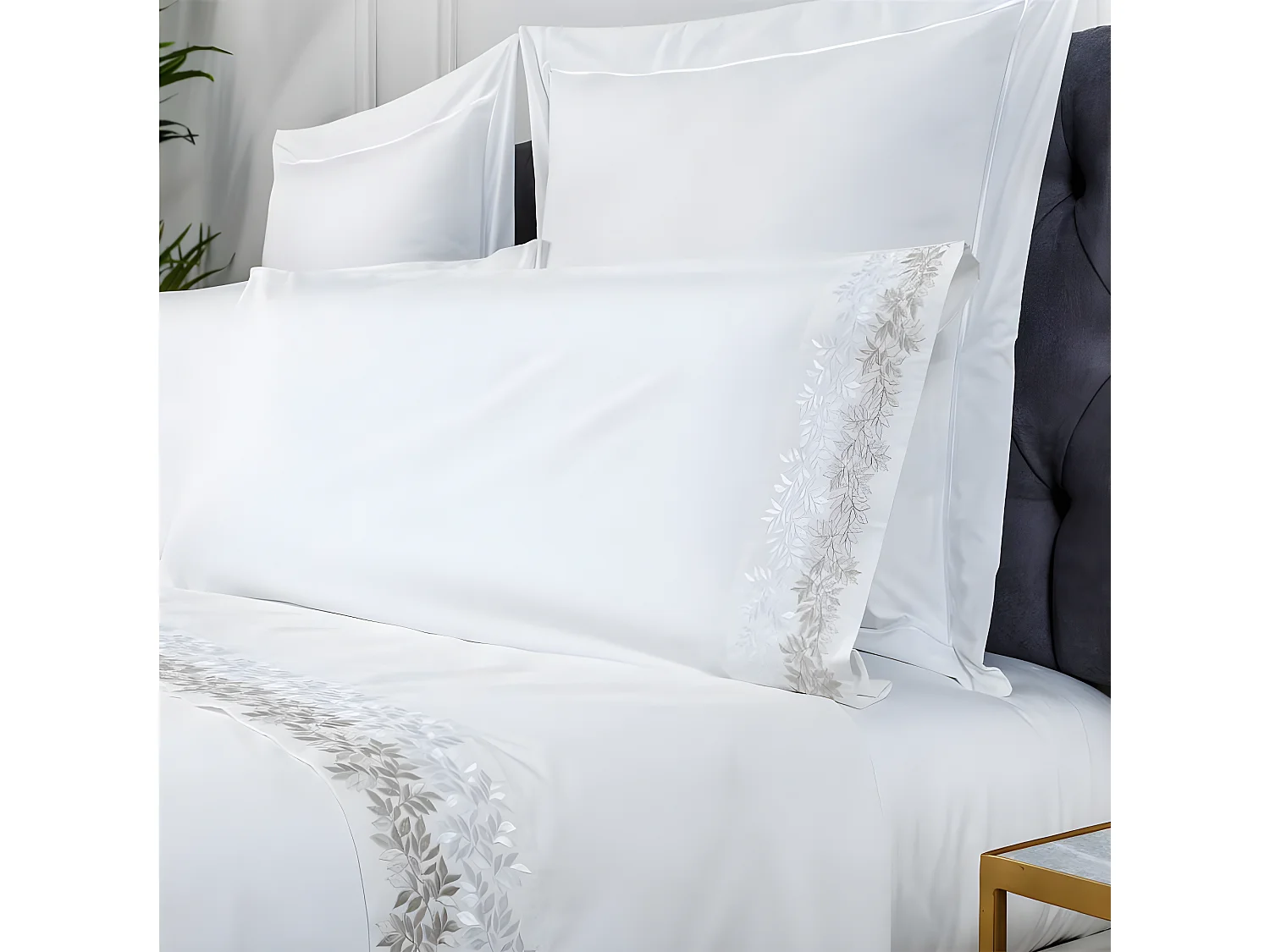 Juego de sábanas bordadas ZUYANA algodón 200 hilos blanco Cama 150