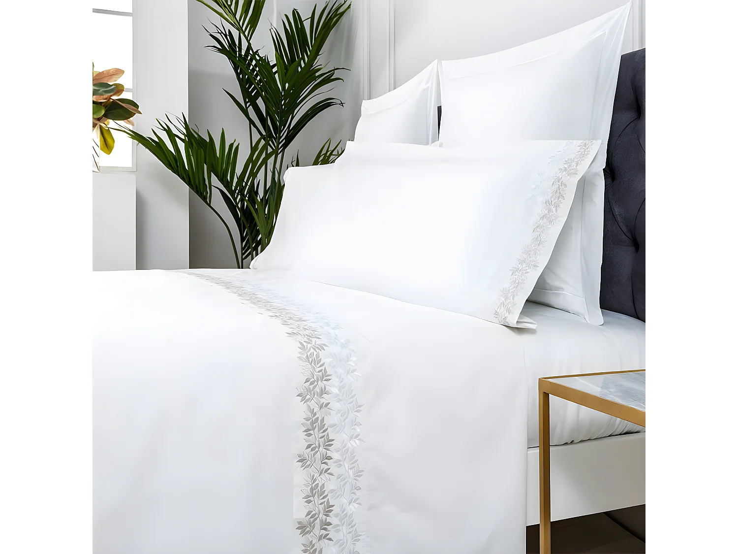 Juego de sábanas bordadas ZUYANA algodón 200 hilos blanco Cama 150