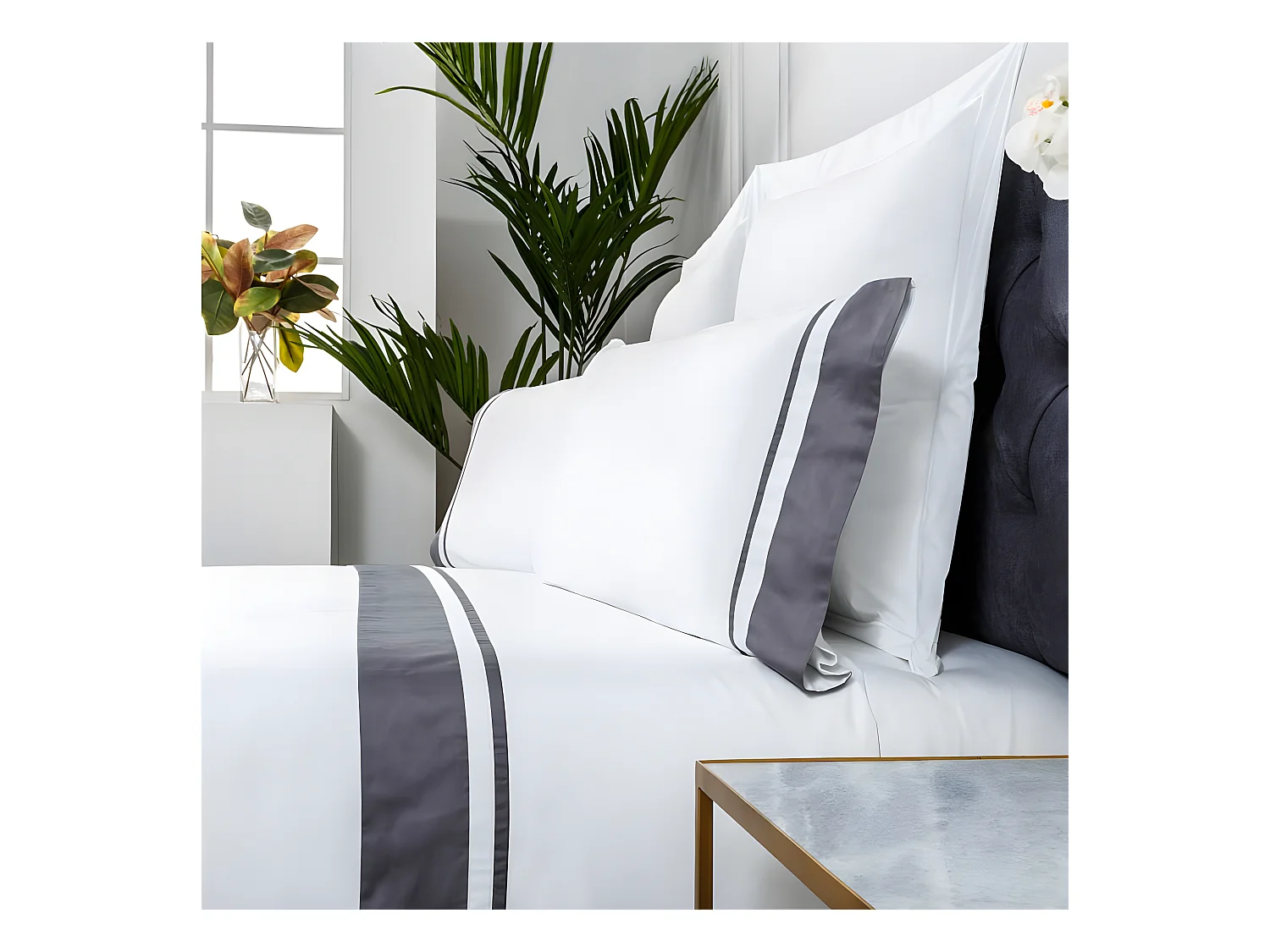 Juego de sábanas satén algodón egipcio 300 blanco gris  Cama 90