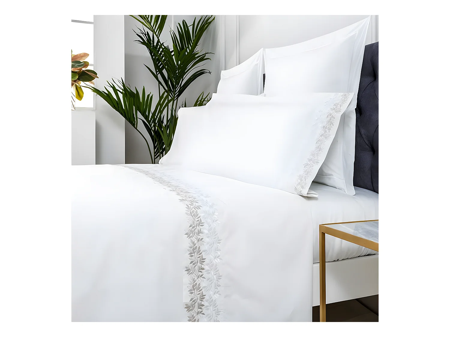 Juego de sábanas bordadas ZUYANA algodón 200 hilos blanco Cama 180
