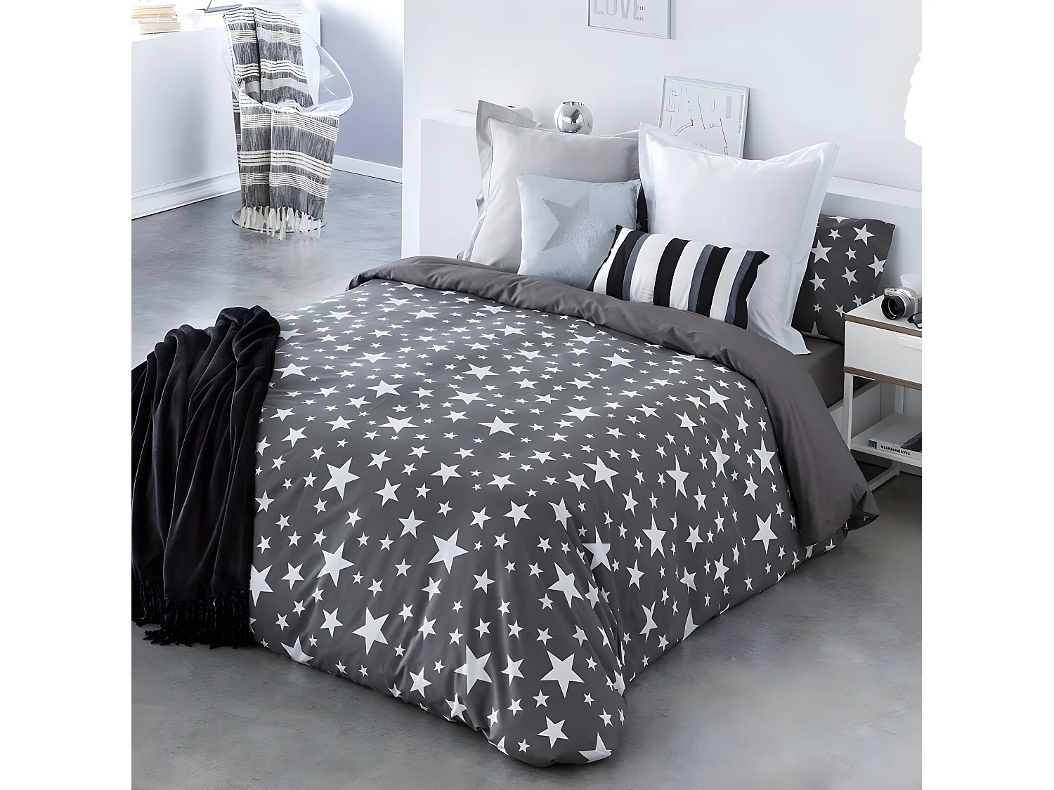 Funda nórdica GIVETTE algodón gris oscuro 280x260 Cama de 200