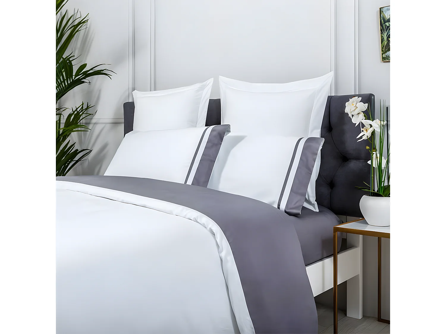 Funda nórdica Saten Algodon Egipcio 300 Hilos Blanco Y Gris 260x240