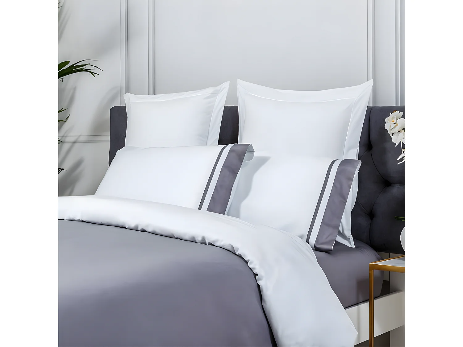 Funda nórdica Saten Algodon Egipcio 300 Hilos Blanco Y Gris 260x240