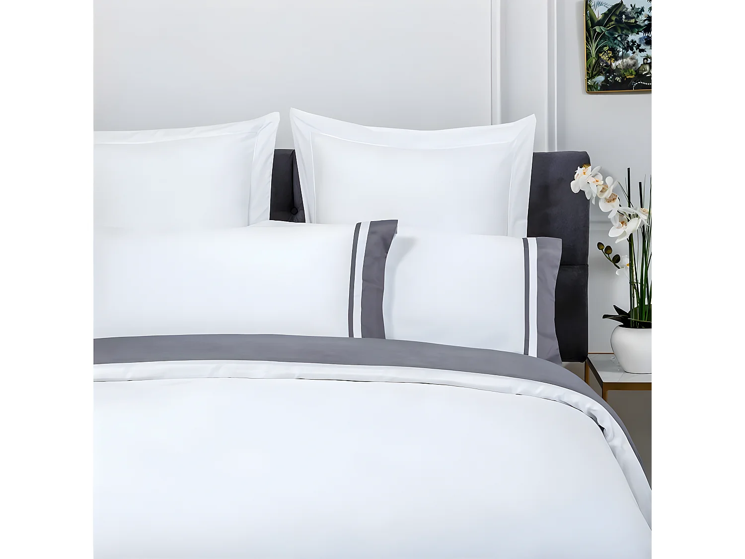 Funda nórdica Saten Algodon Egipcio 300 Hilos Blanco Y Gris 260x240