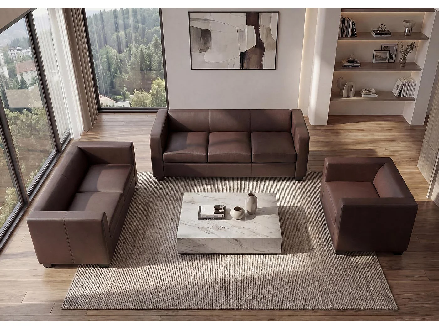 Zestaw wypoczynkowy Lille (3-częściowy),  sztuczna skóra, kolor kawowy