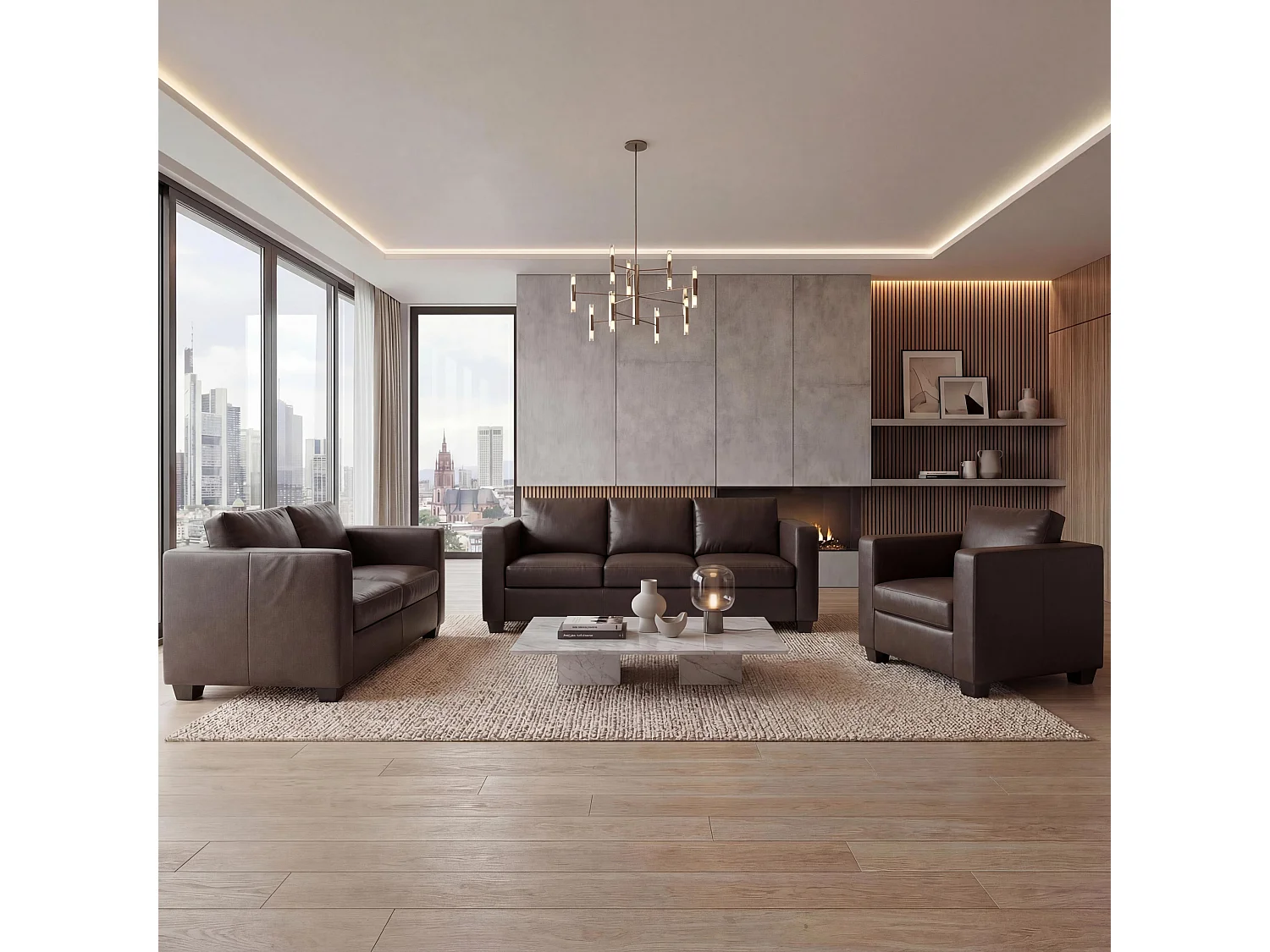 Salotto componibile lounge moderno elegante Lille M65 composizione 3-1-1 ~ ecopelle marrone